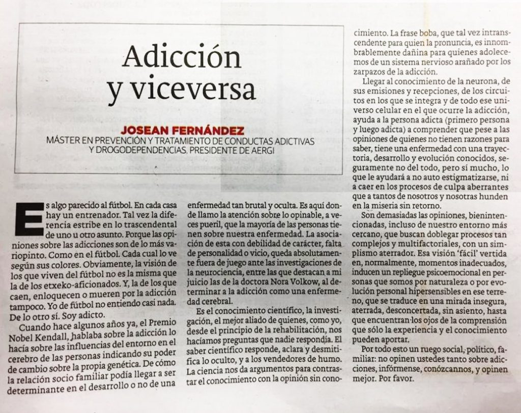 AERGI opinion 'Adiccion y viceversa' articulo de Josean Fernandez